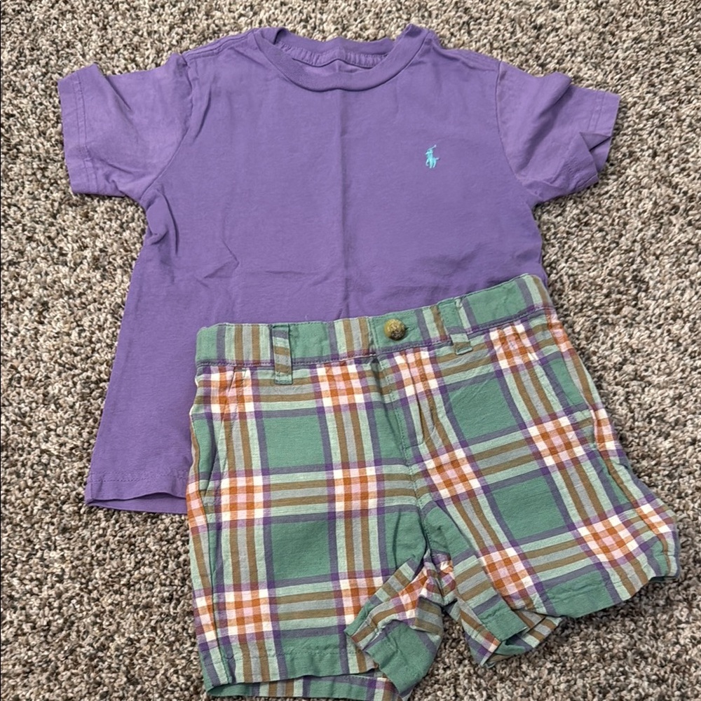 Janie and Jack Purple Shirt and Plaid Shorts Set